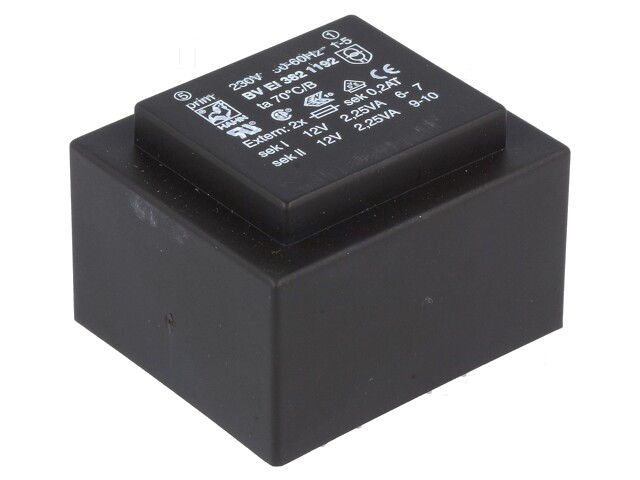 Transformator: ingegoten; 4,5VA; 230VAC; 12V; 12V; 187mA; 187mA; PCB Transformator: ingegoten; 4,5VA; 230VAC; 12V; 12V; 187mA; 187mA; PCB